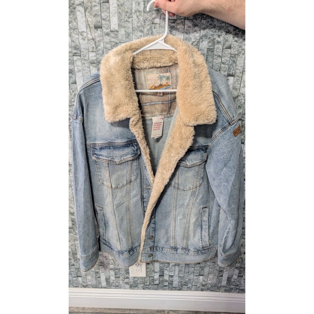NWT Roxy Originals Sherpa Lined Denim Jacket Blue Womens 2XL Men Large Unisex